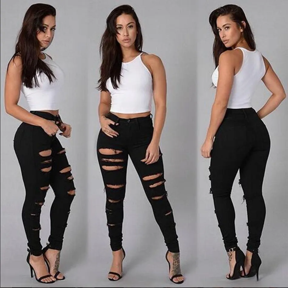 

Spring and Summer Women's Stretch Pencil Pants Streetwear Fashion Ripped Jeans Female High Waist Skinny Sexy Denim Trousers Girl