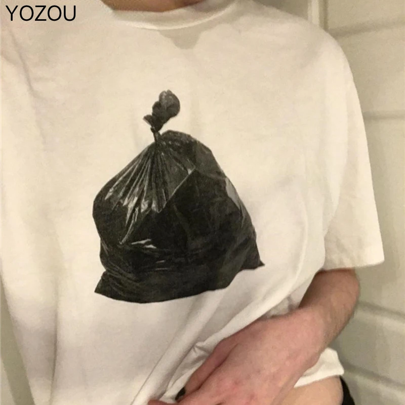 YOZOU Summer Cotton White Short Sleeve Loose Tshirt Oversized Graphic Tee Women Top Female Garbage Print Design Vintage Uf Girl