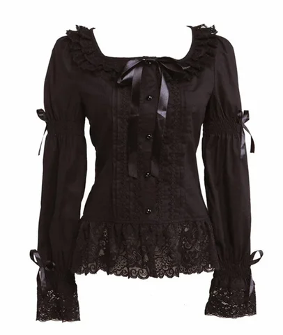 Женская блузка в готическом стиле, элегантная хлопковая черная кружевная блузка с длинными рукавами, в готическом стиле, для лета