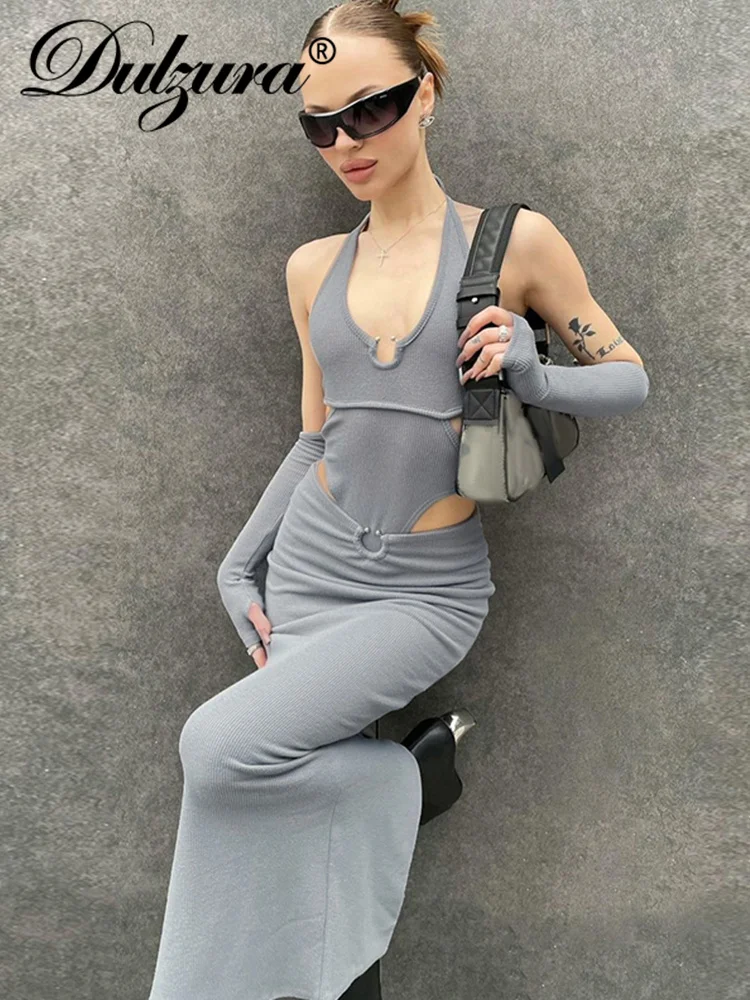 

Dulzura Women Ribbed Y2K 2 Piece Set Lace Up Long Sleeve Backless Halter Top High Waist Bodycon Maxi Skirts Matching Suit Club