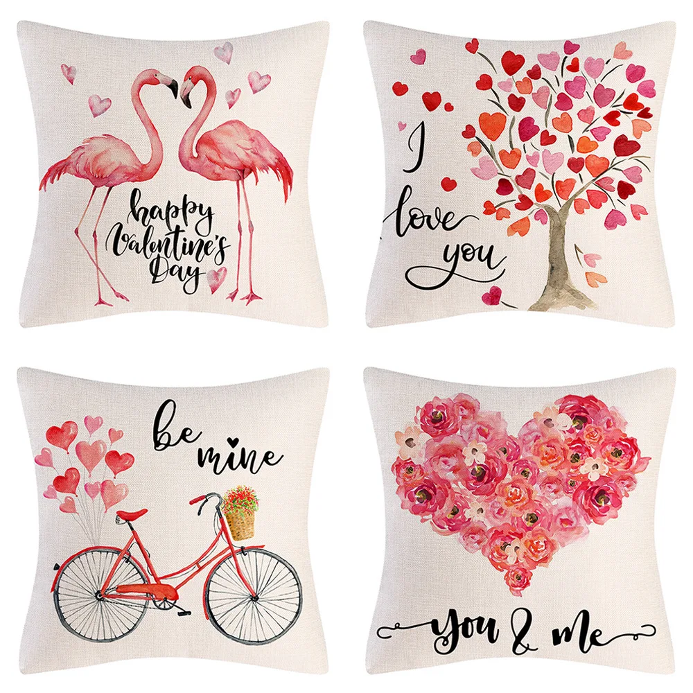 

Floral Printed Cushion Cover Flamingo Pink Roses Heart Pattern Pillowcase Romantic Valentine's Day Bed Pillow Cover Home Decor