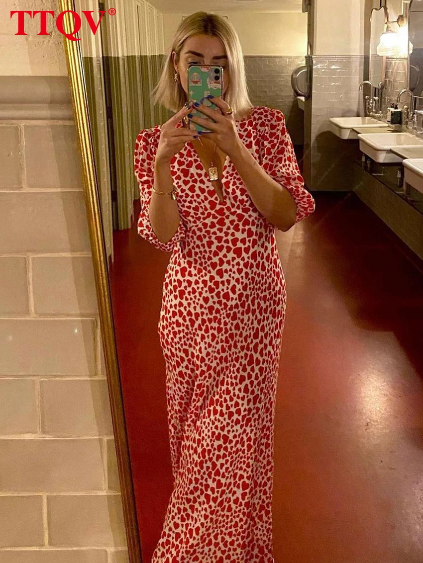

TTQV Sexy Print Deep V-Neck Summer Dress Bodycon Short Sleeve Office Midi Dress Elegant Heart Pattern Dresses For Women 2022
