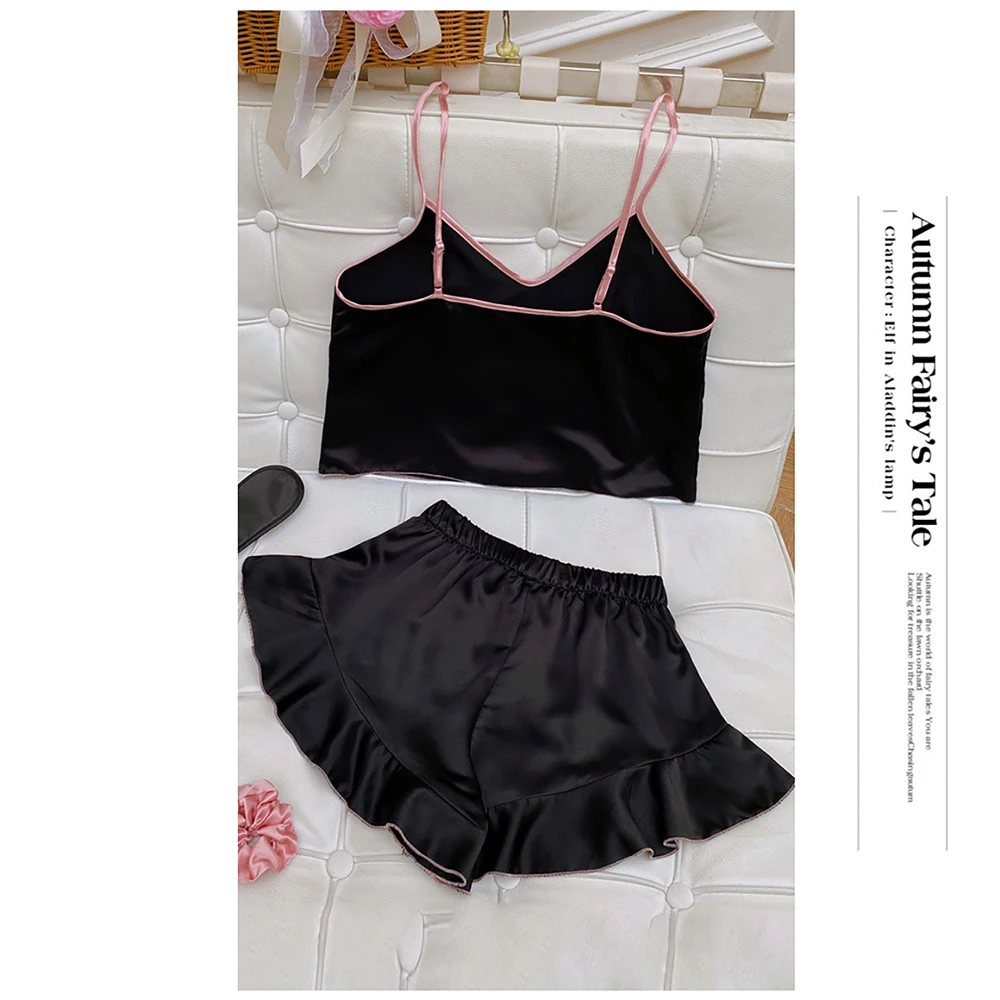 Sexy Pajama Suit V-Neck Suspender and Bownot Ruffle Shorts 2 Pieces Set Summer Satin Ice Silk Pajamas Home Clothes