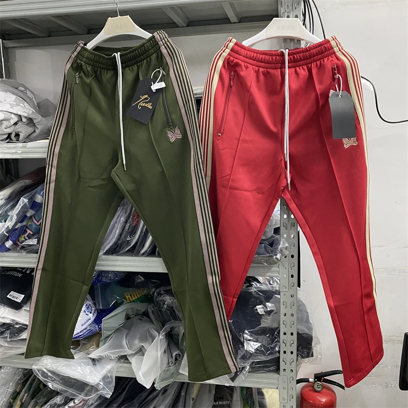 

23SS New Fasion Army Green Needles Pants Men Women Embroidered Butterfly Track Pants Straight AWGE Trousers Lil Peep