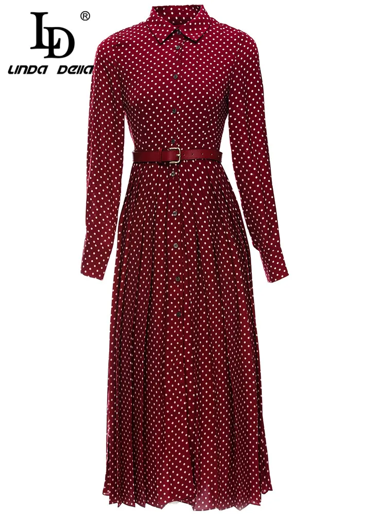 

LD LINDA DELLA, новинка 2023, модное подиумное весеннее платье, женское однобортное платье с отложным воротником и поясом, красное платье в горошек