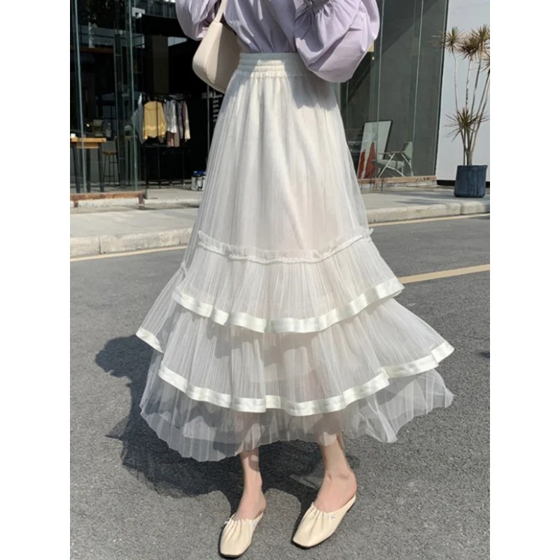 

Юбка женская плиссированная Асимметричная, Тюлевая Длинная черная юбка с оборками и лентой, с завышенной талией, в Корейском стиле, в стиле пэчворк, абрикосового цвета