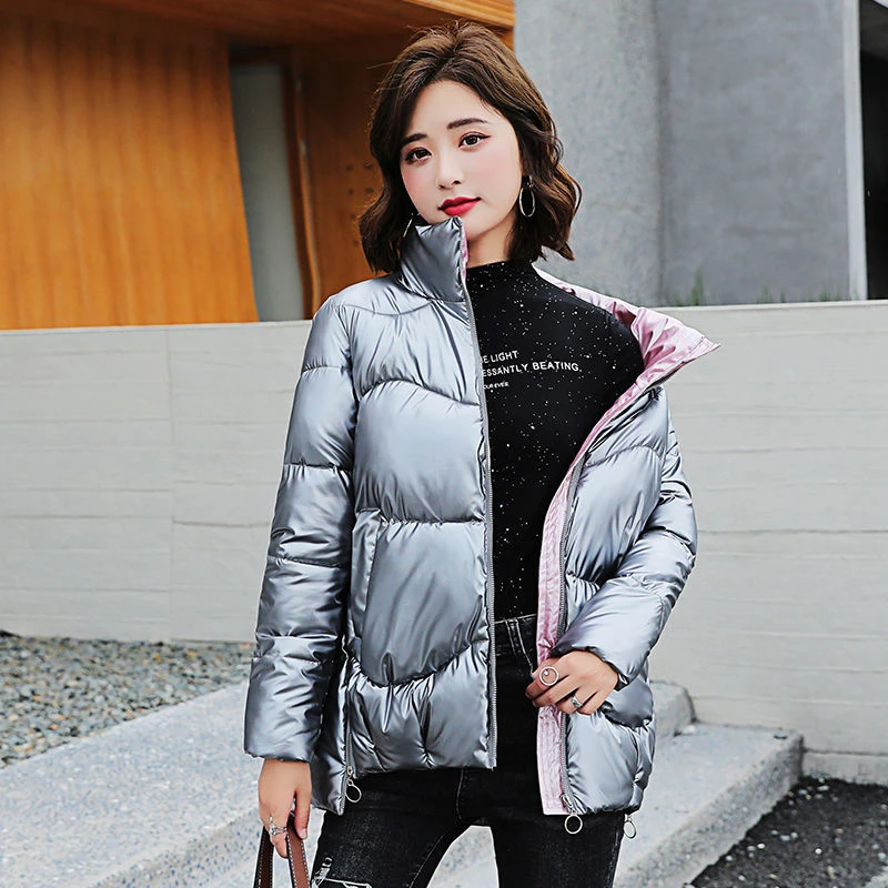 Women Stand Winter Puffer Jacket Glossy Warm Fluffy Cotton White Duck Down Parkas Ladies Long Sleeve Pocket Solid Casual Outwear