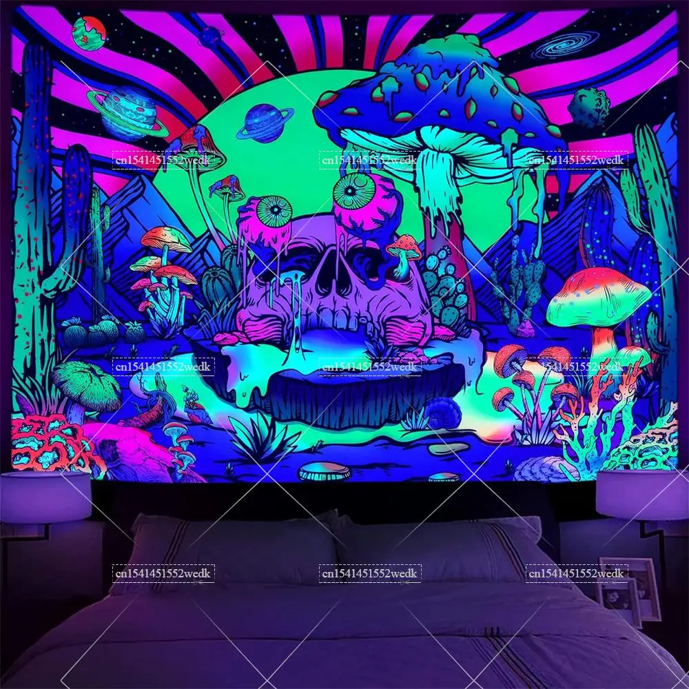 Гобелен с черепом Blacklight грибной для спальни эстетический гобелен изображением