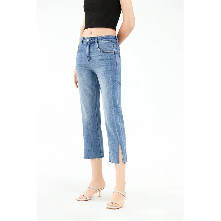Fashion Classic Trendy Luxury Design FM FD High Waist Elastic Straight Pants Smoke Tube Blue Ankle Length Pants Jeans