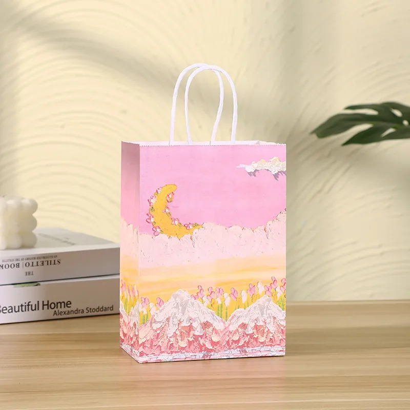 24pcs Party Kraft Paper Gift Bag with Handle 3D Oil Painting Candy Cake Favor Bags Wedding Baby Shower Birthday Decoration