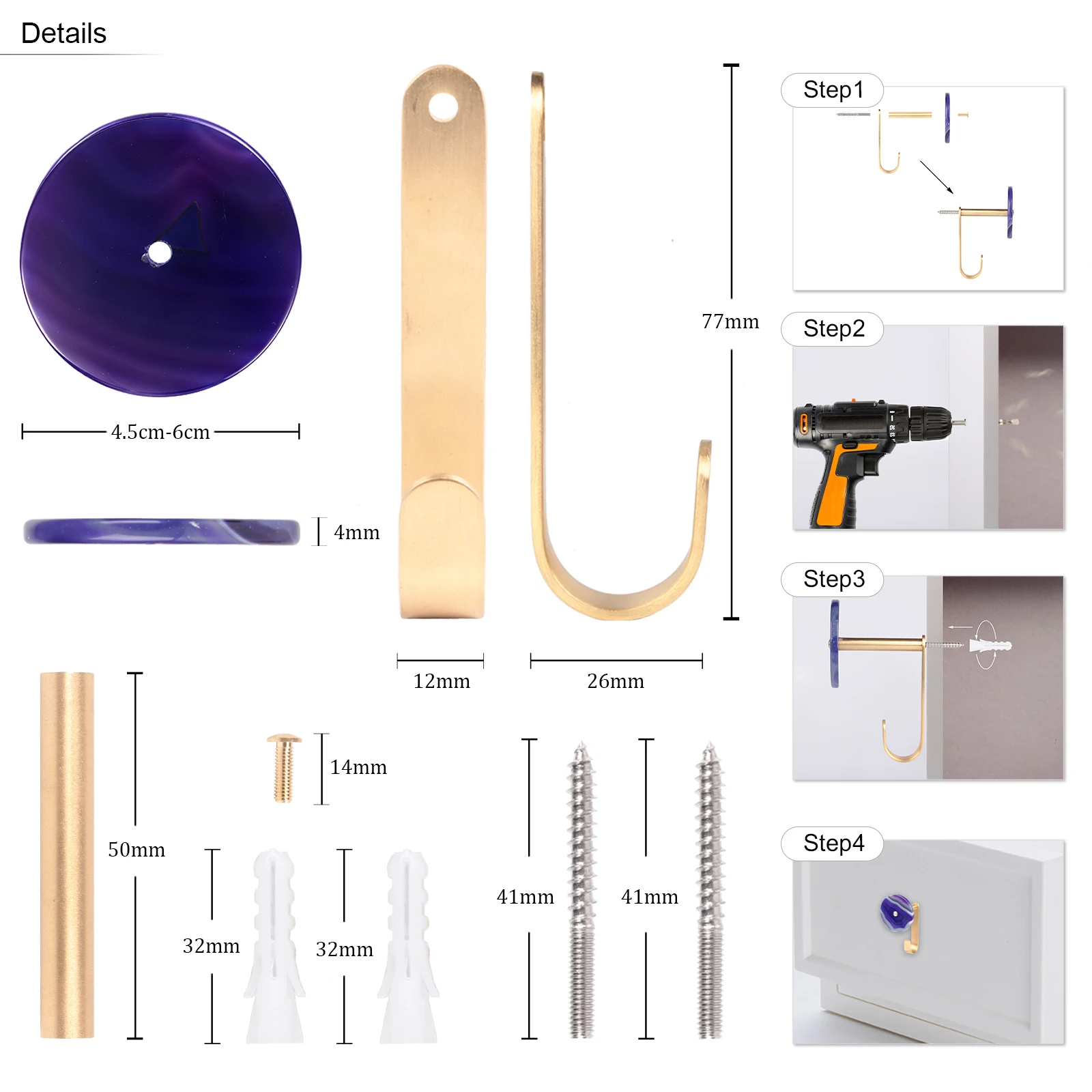 1Pc Polished Round Agate Slice Hanging Hooks Wall Mounted Contemporary Brass Clothes Coat Hooks Metal Hardware Furniture Decor