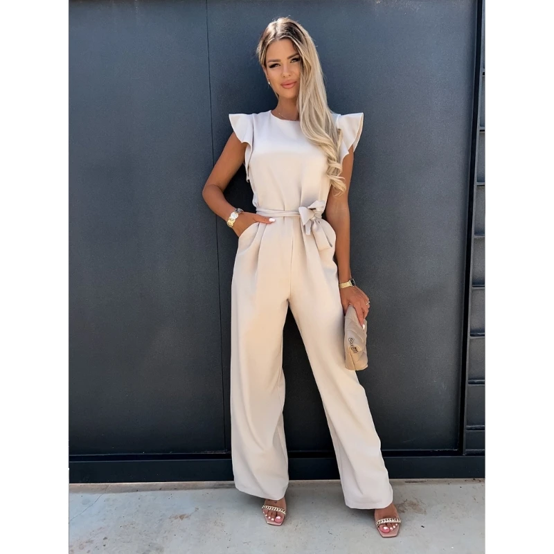 

Women Ruffle Short Sleeve Belted High Waist Wide Leg Pant Jumpsuits with Pockets