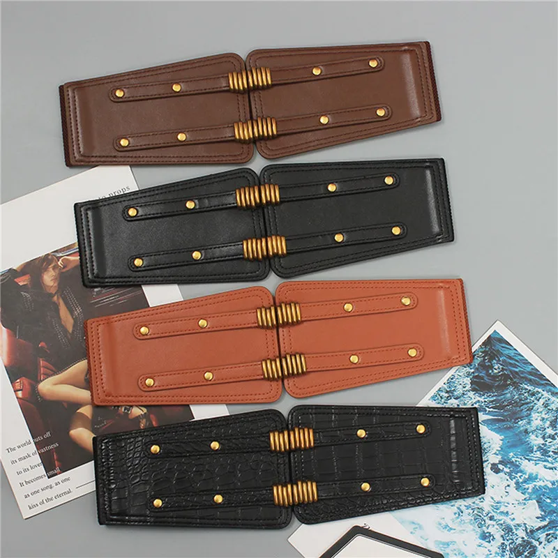 

Fashion Lady Black Waist Belt Extra Wide Corset 2 Straps Belt Dress Cummerbund Black PU Leather Elastic Waistband for Dress