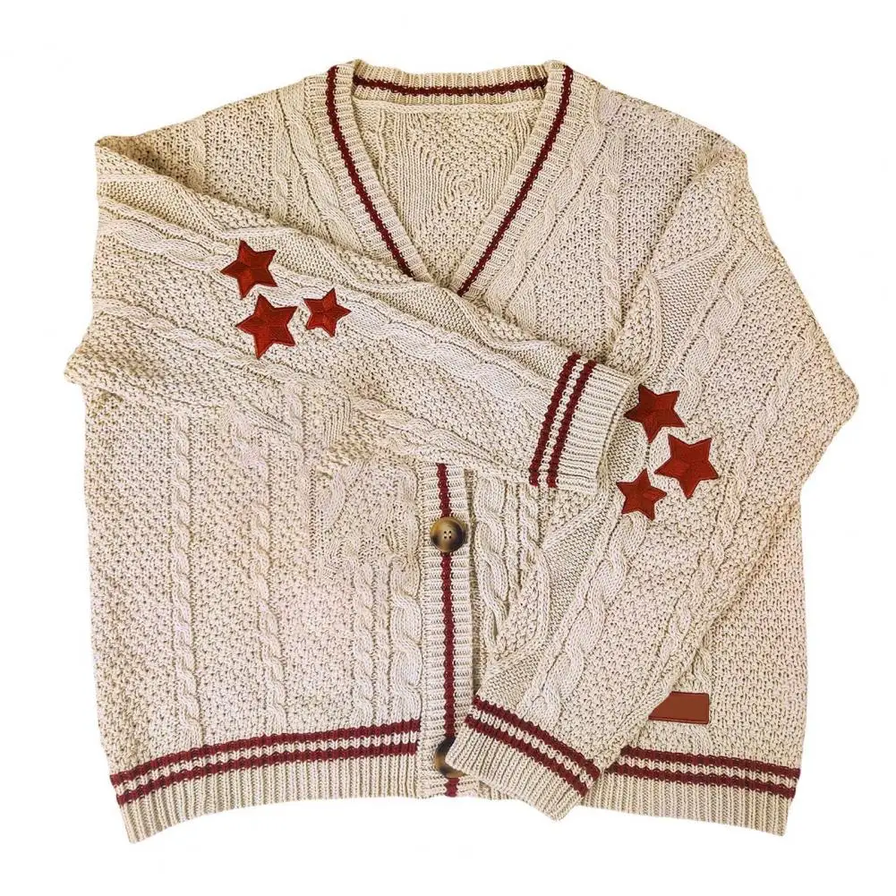 Женский однобортный трикотажный кардиган в полоску с V-образным вырезом и