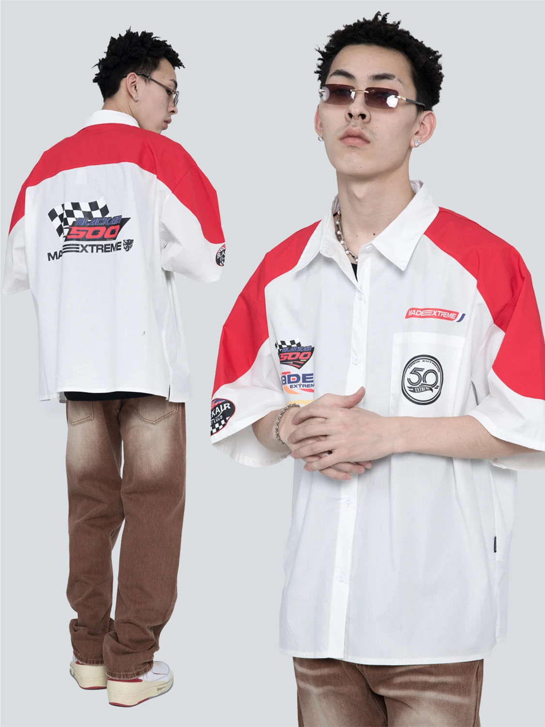 

MADEEXTREME Retro racing motorcycle style color block short sleeve shirt for men and women fashion designer shirts cotton tops