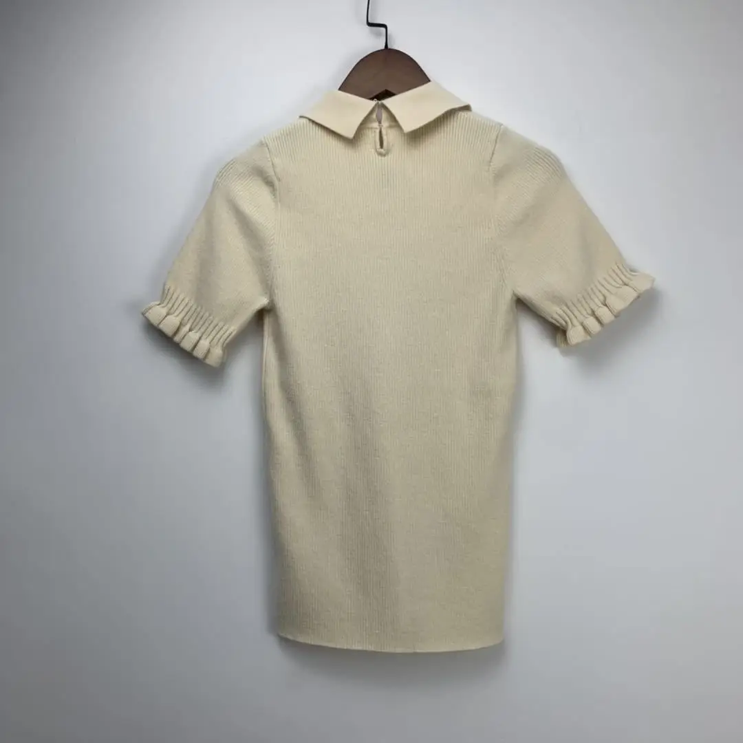 

Women Sweater Turn-down Collar Tie Slim Fit Short Sleeve Knitted Top