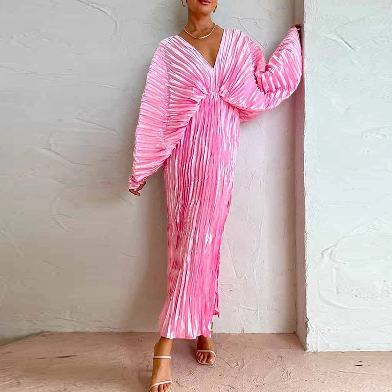

Autumn Batwing Sleeve Backless Party Dress Elegant Casual V Neck Elastic Waist Dress Lady Solid Color Pleated Design Split Dress