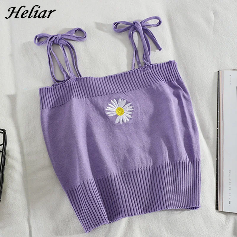 

HELIAR Women Knitted Crop Tops Women Flower Embroidery Straps Sweet Crop Tops Women Harajuku Cute Tops For Women Summer