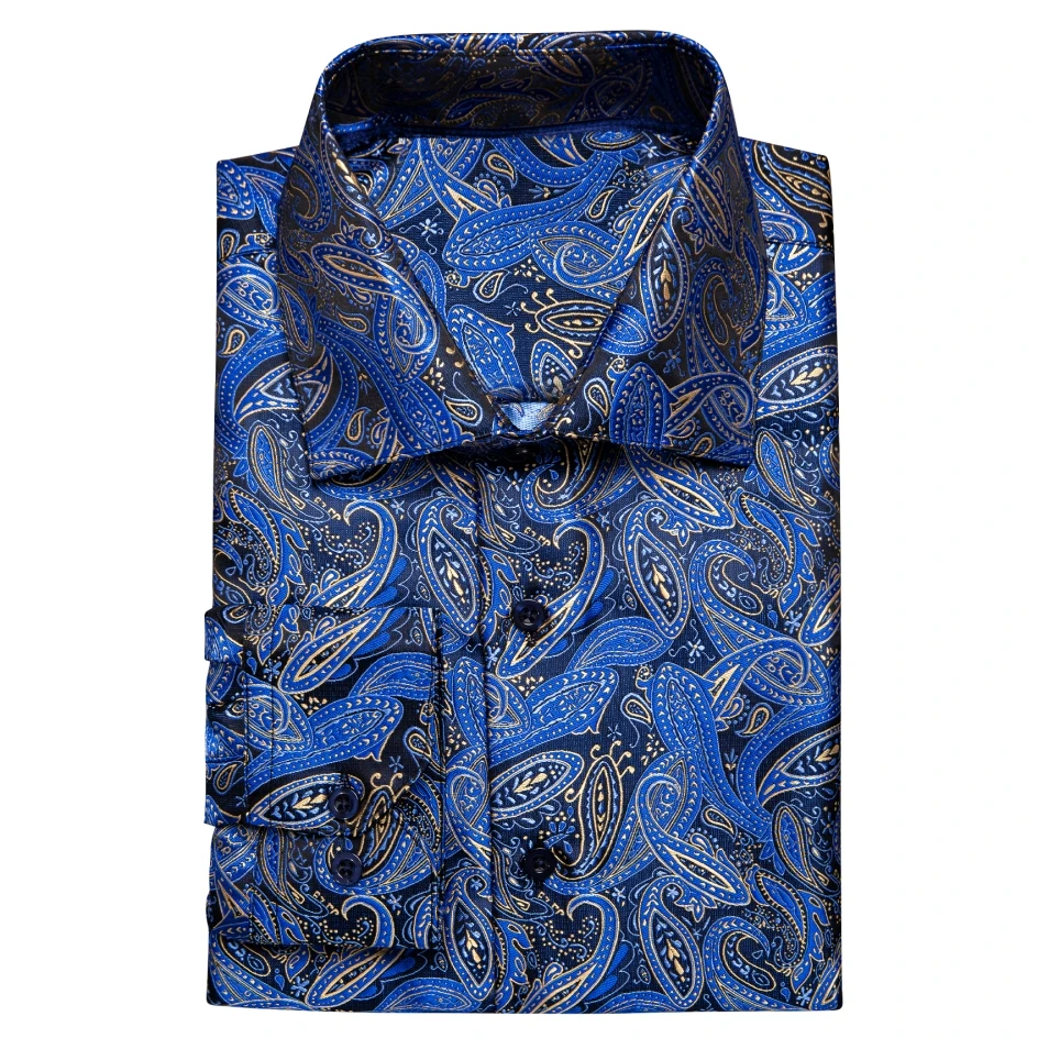 Hi-Tie Long Sleeve Silk Men's Shirt Jacquard Navy Royal Sky Blue Slim Fit Shirts Casual Blouse Free Shipping Summer Spring Fall