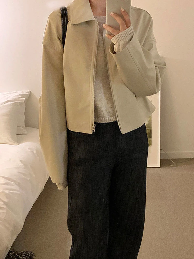 Korean Fashion Elegant Leather Jacket Women Winter Streetwear Cropped Faux Fur Coat High Street Vintage Moto Biker Zipper Jacket