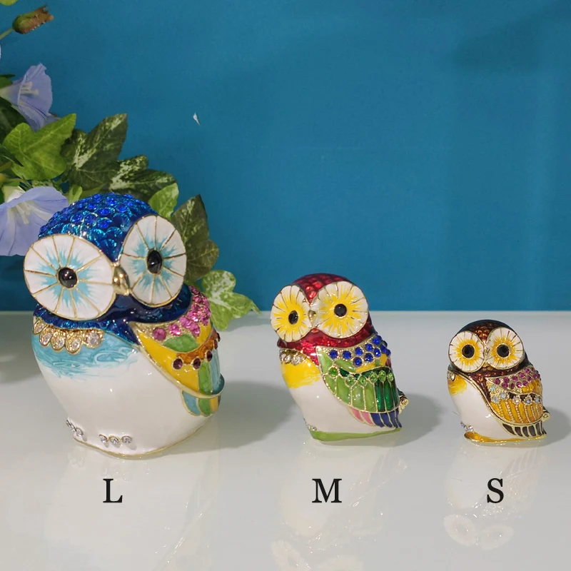 

Nordic Owl Statue Handmade Jewelry Box Enamel Metal Sculpture Home Decoration Ornamenfort for Couple Proposal Ring Necklace Gift