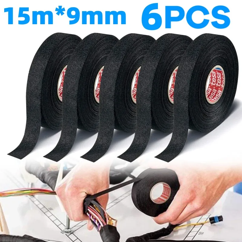 

6pc Heat-resistant Adhesive Cloth Fabric Tape For Car Auto Cable Harness Wiring Loom Protection Width 9/19/25/32MM Length 15M