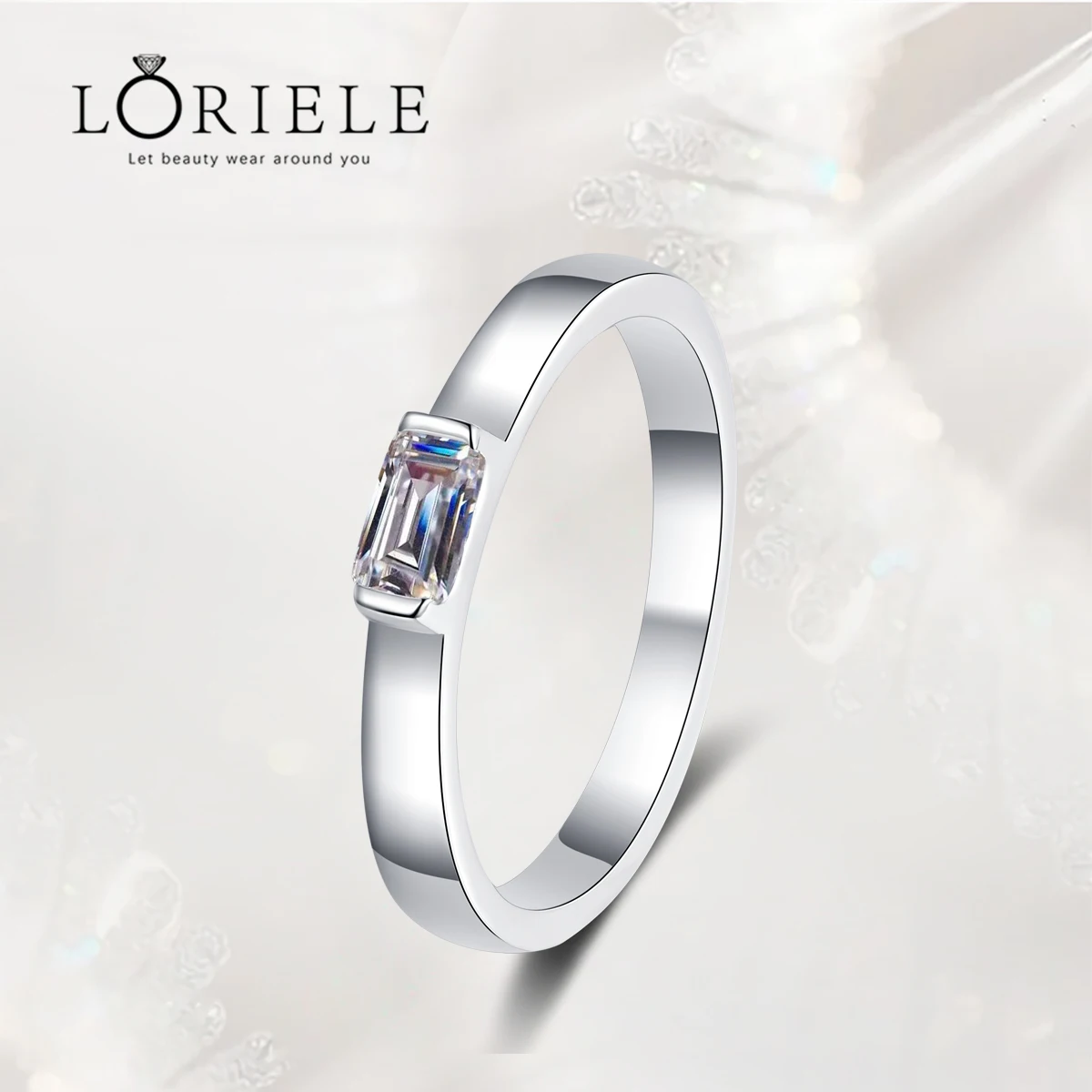 

LORIELE White Gold 0.5ct Moissanite Rings for Women 3*5mm Emerald Cut Lab Diamond Jewelry Plated Certified 925 Silver Rings GRA
