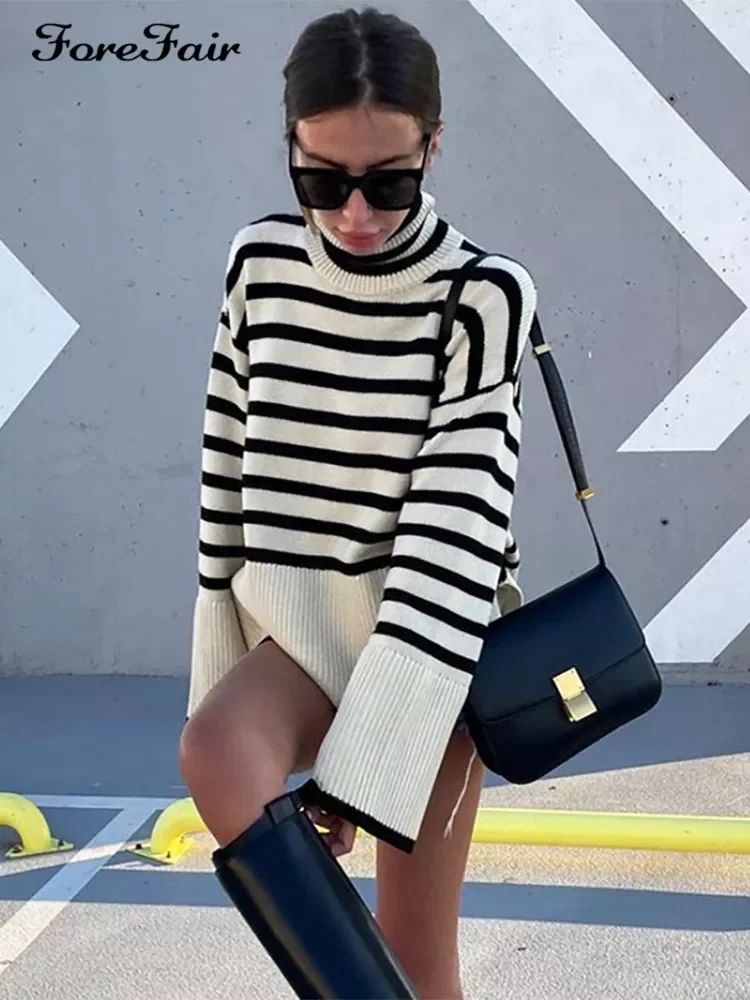 

Forefair 2021 Autumn Winter Oversized Knitted Pullover Women Turtleneck Long Sleeve Khaki Striped Loose Sweater Casual Fashion