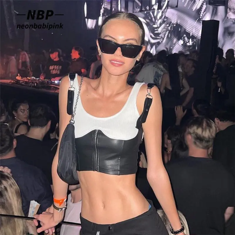 

Сексуальный укороченный топ NEONBABIPINK с имитацией двух частей Y2k, уличная одежда, топы в рубчик из искусственной кожи в стиле пэчворк, женская о...