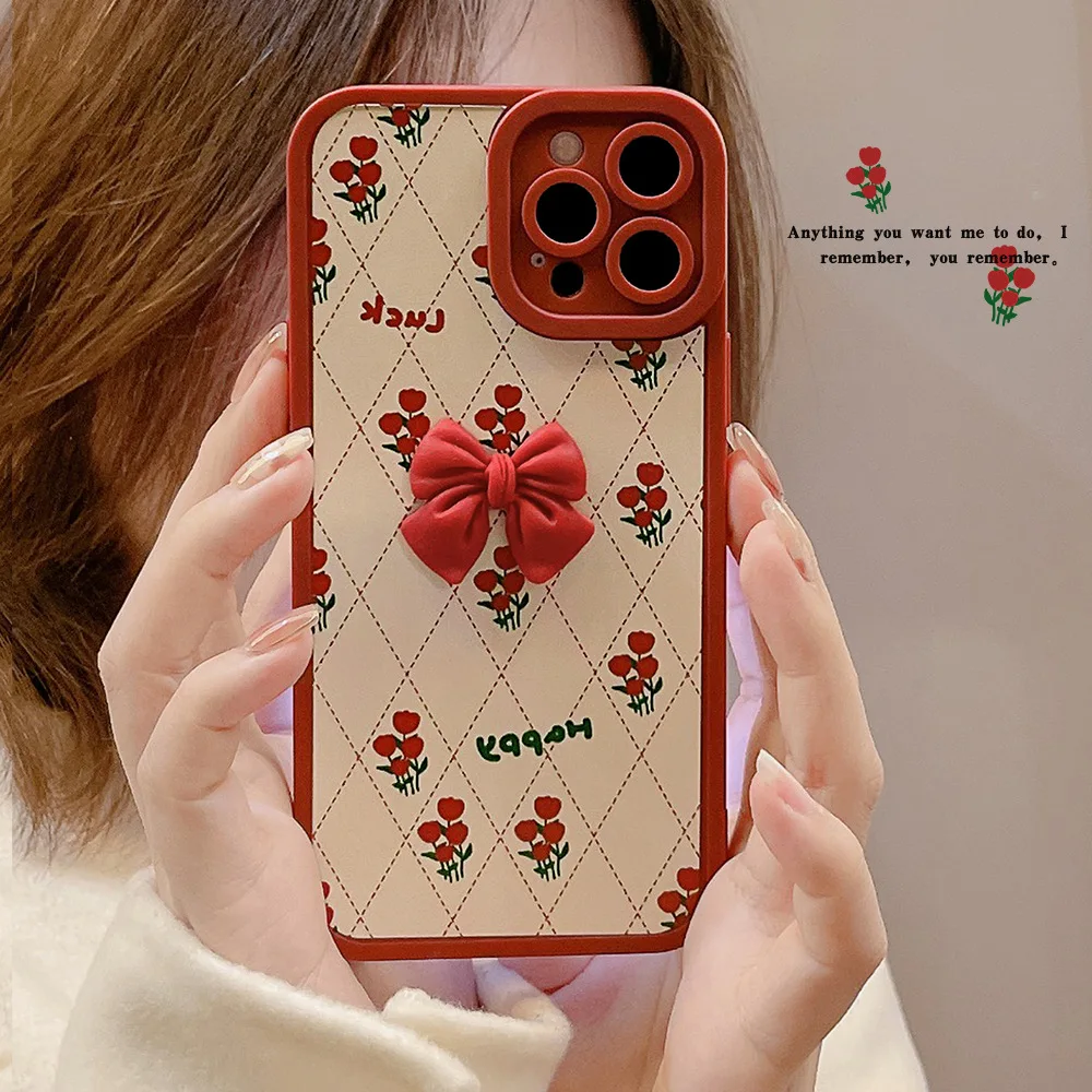 

3D Korean Bow Flower Phone Case for iPhone 11 12 13 14 Pro MAX Couqe X XR XS MAX 8 7 14 Plus SE 2 3 2020 Funda Cute Cases Cover