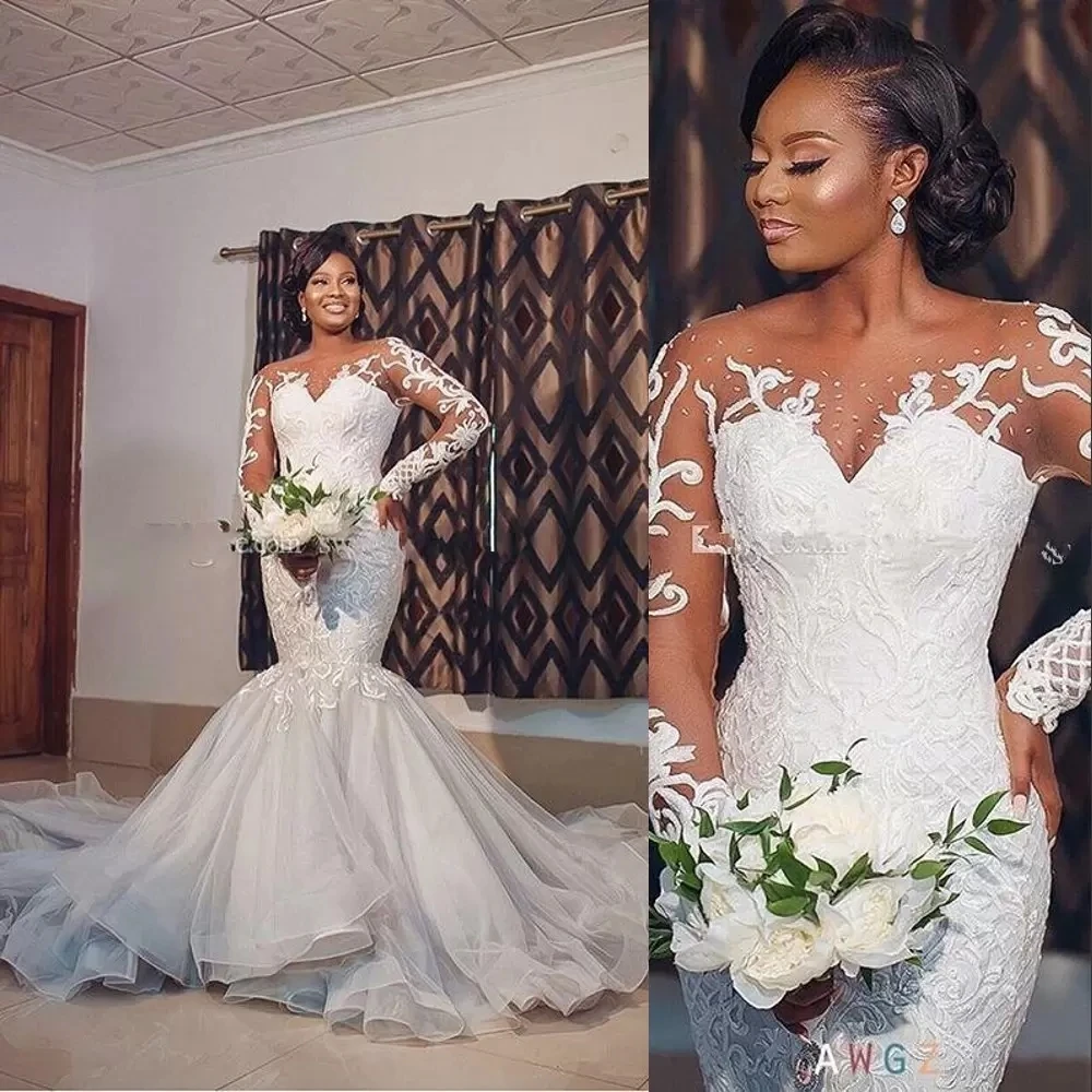 

African Mermaid Wedding Dresses Bridal Gowns Arabic Long Sleeves Illusion Lace Applique Beads Tulle Embroidery Formal Plus Size