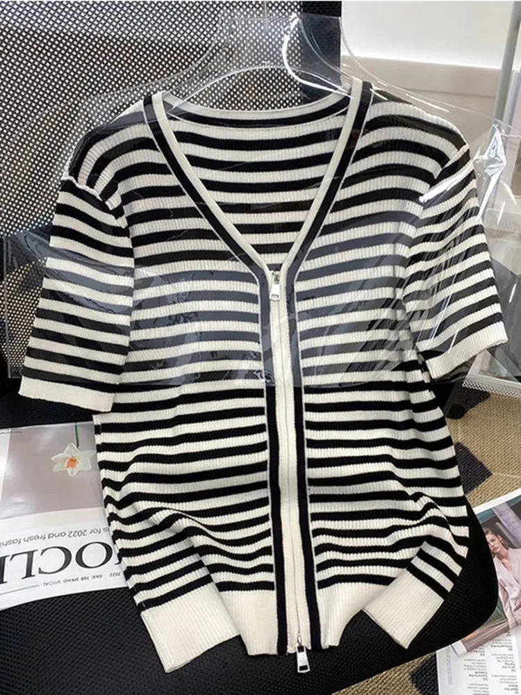 

Oversize XL-4XL Zipper Thin Cardigan Sweaters 2022 Summer Fashion Stripe Loose Knit Jacket V-neck Short Sleeve Knitting Tops