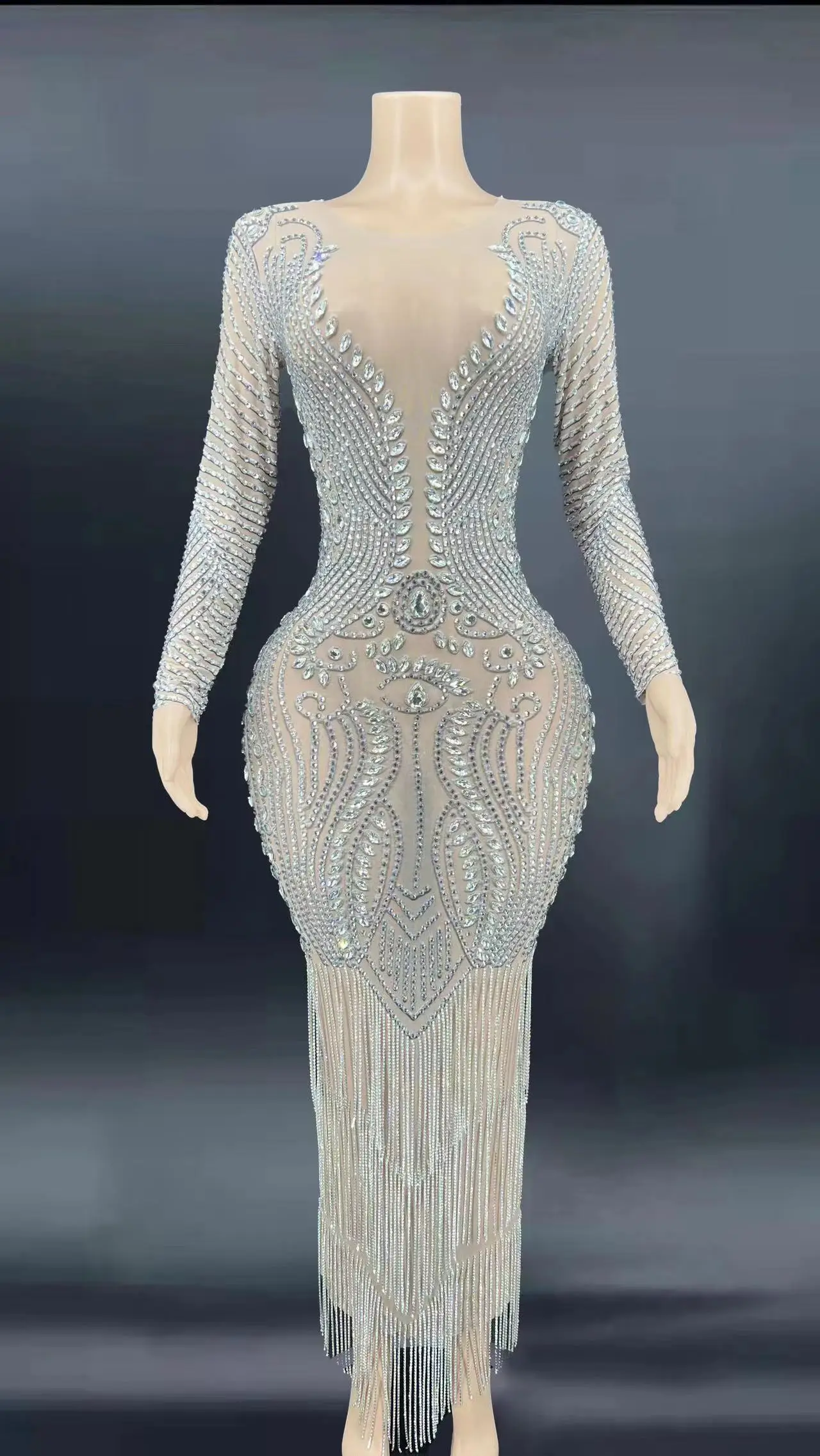 

Women Sexy Shining Silver Crystals Fringes Transparent Dress Birthday Evening See Through Rhinestones Chain Outfit Singer Dress