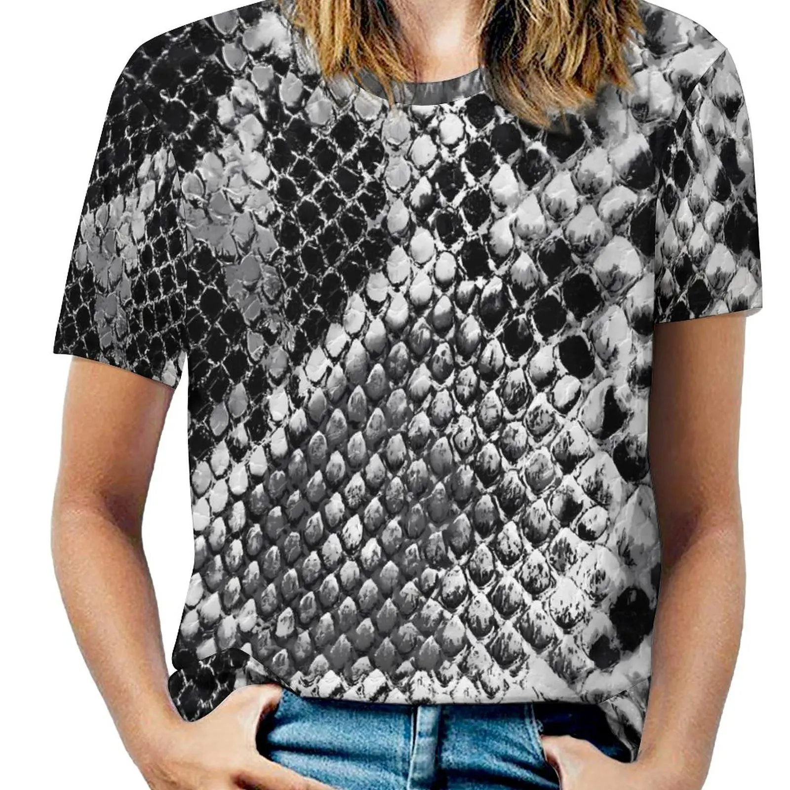 

Snakeskin Print T Shirts Black And Gray Streetwear Oversized T Shirt Short Sleeves Hip Hop Tee Shirt Summer Graphic Top Tees