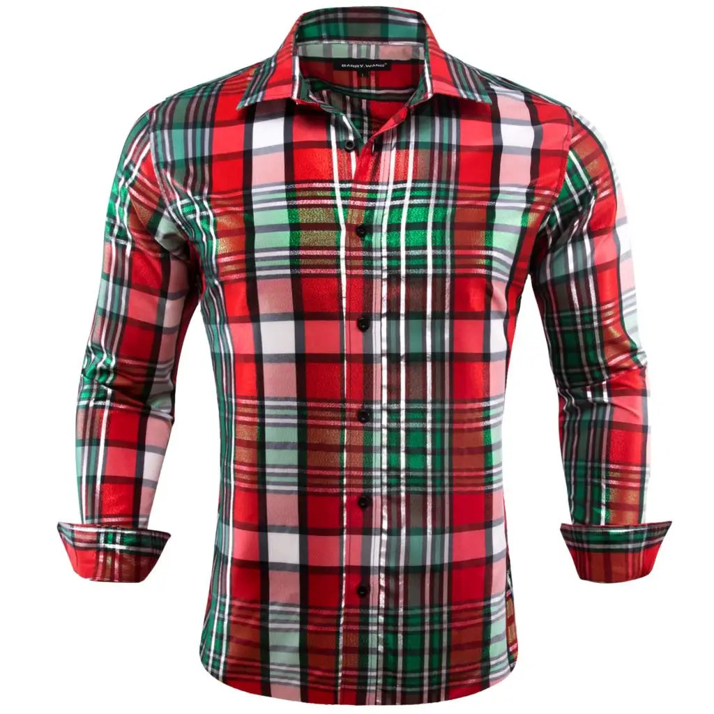 

Luxury Silk Shirts for Men Long Sleeve Red White Black Green Plaid Stripes Slim Fit Male Blouse Casual Formal Tops Barry Wang