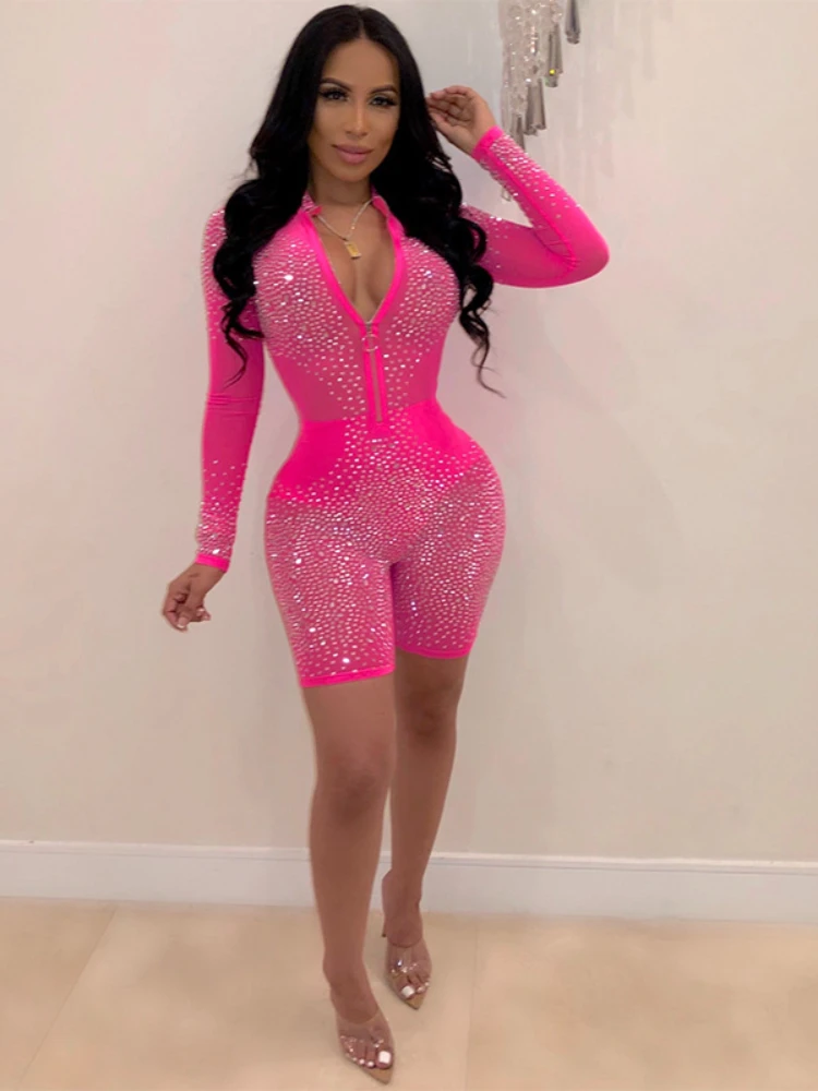 

Sequin Sparkly V Neck Bodycon Long Sleeve Solid Color Romper Exotic Tight Elegant Party Luxury Fashion Sexy Bodysuits Women 2022