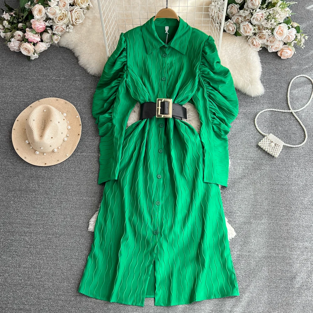

Clothland Women Sweet Green White Shirt Dress Belt Puff Sleeve One Piece Sashes A Line Retro Midi Dresses Vestido QC842