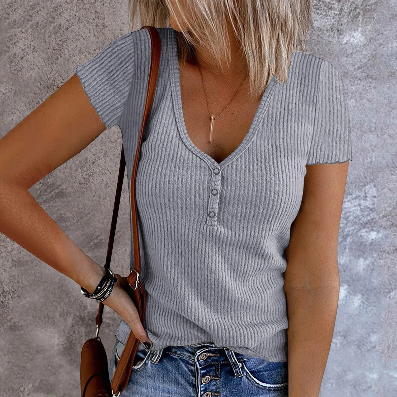 

Summer Gray Shirt Top Women Short Sleeve V Neck Ribbed Blouse With Zipper Solid Color Simple Streetwear Blouses