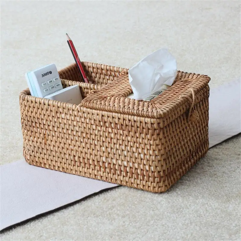 

S Desktop Finishing Pastoral Art Organization Multi-functiona Straw Tissue Box Rattan Roll Paper Tray Woven Handmade