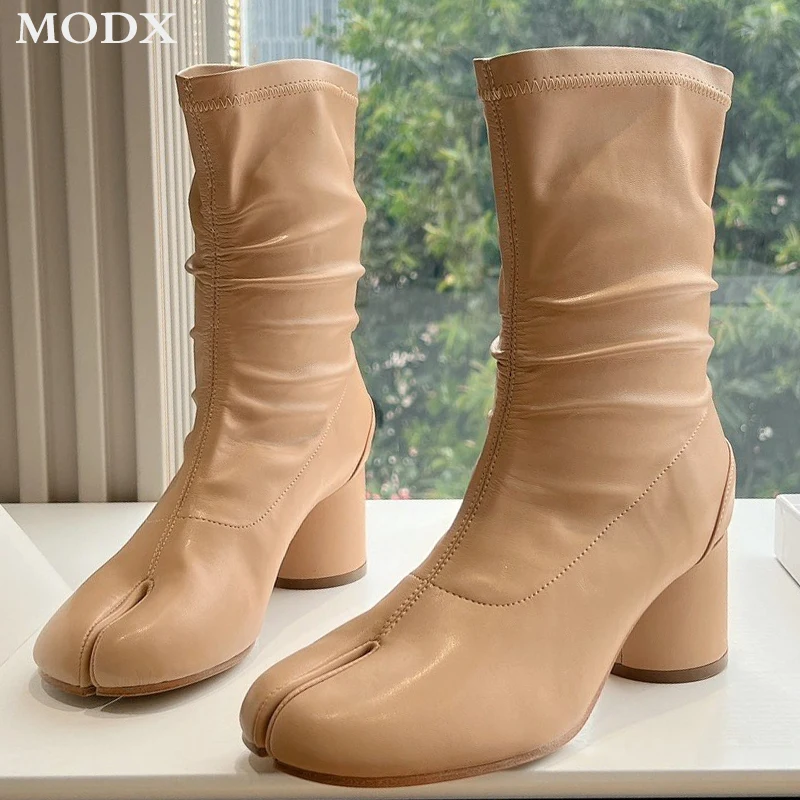 

Новинка 2023, зимние ботинки из натуральной кожи с разрезом, мягкие удобные эластичные короткие ботинки на массивном каблуке, модная облегающая Брендовая обувь