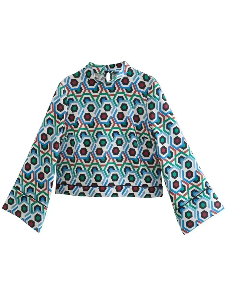 

Женская Весенняя блузка с геометрическим принтом Nlzgmsj ZBZA 2022, Повседневная Свободная Женская блузка с одной пуговицей и круглым вырезом, 202202