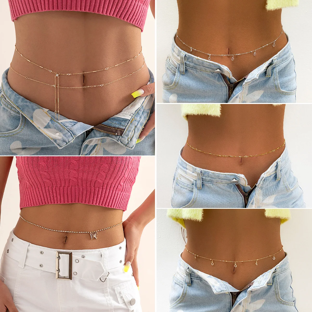 

Double metal chain pants chain body chain crystal adjustment spice waist chain
