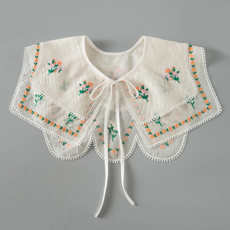 

Embroidery White Lolita Doll Double Layer Shawl Fake Collar Women Ruffle Fashion False Collar Shoulder Wrap Detachable Tie