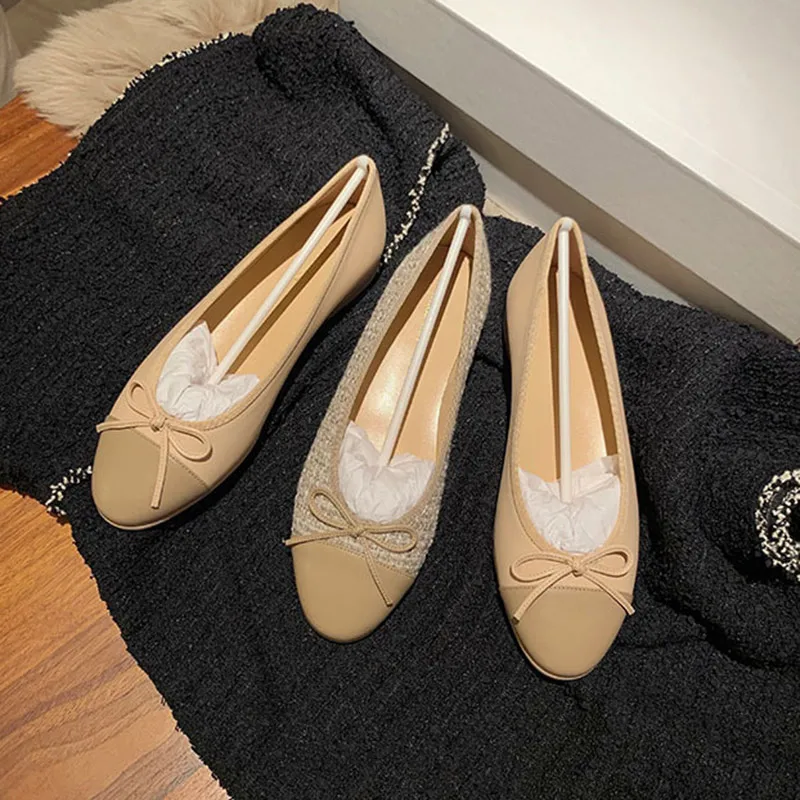 Туфли-лодочки женские с круглым носком на плоской подошве бантом | Балетки