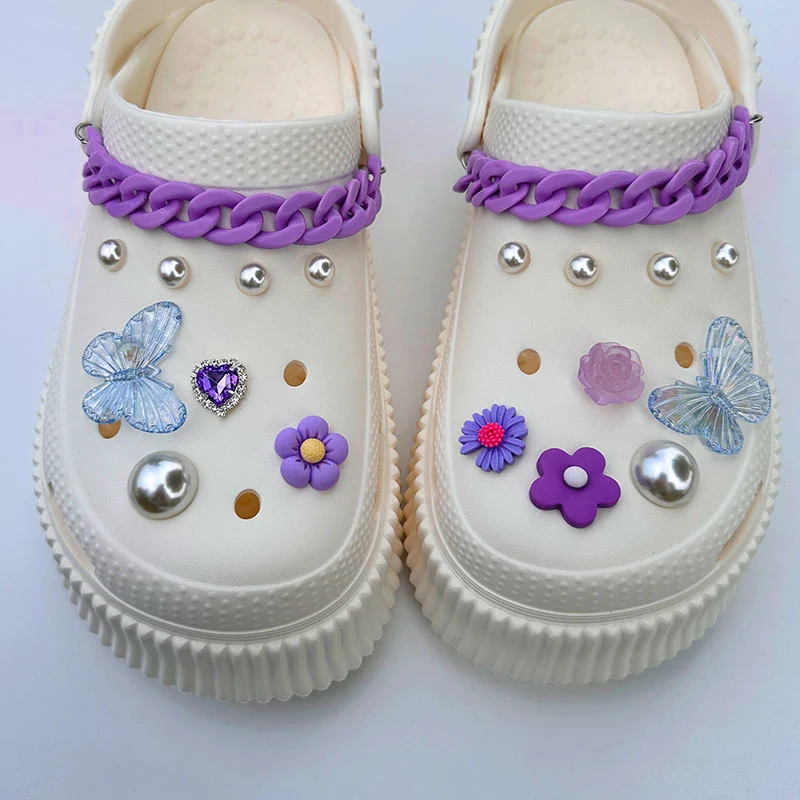 

DIY Luxury Designer Butterfly Flowers Charms Purple Rhinestone For Shoe Vintage Acrylic Chunky Chains Clogs Decoration Jewelry