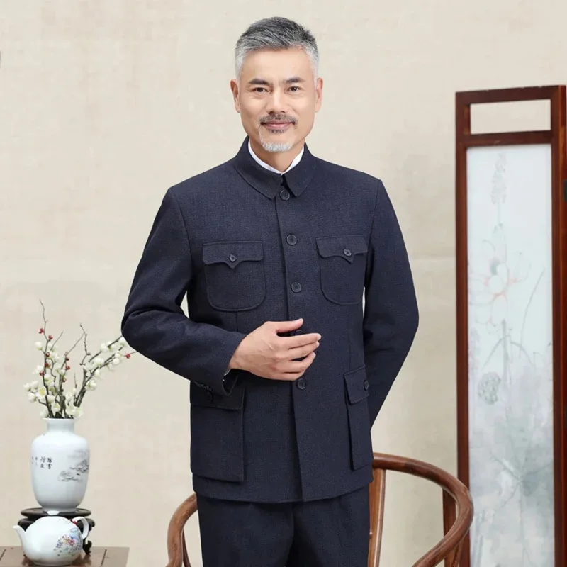 Фото Мужская одежда для пожилых из Чжуншаня: куртка, пальто, костюм для дедушки/отца, весенне-осенний комплект Тан (верх и брюки) IvI4D №5