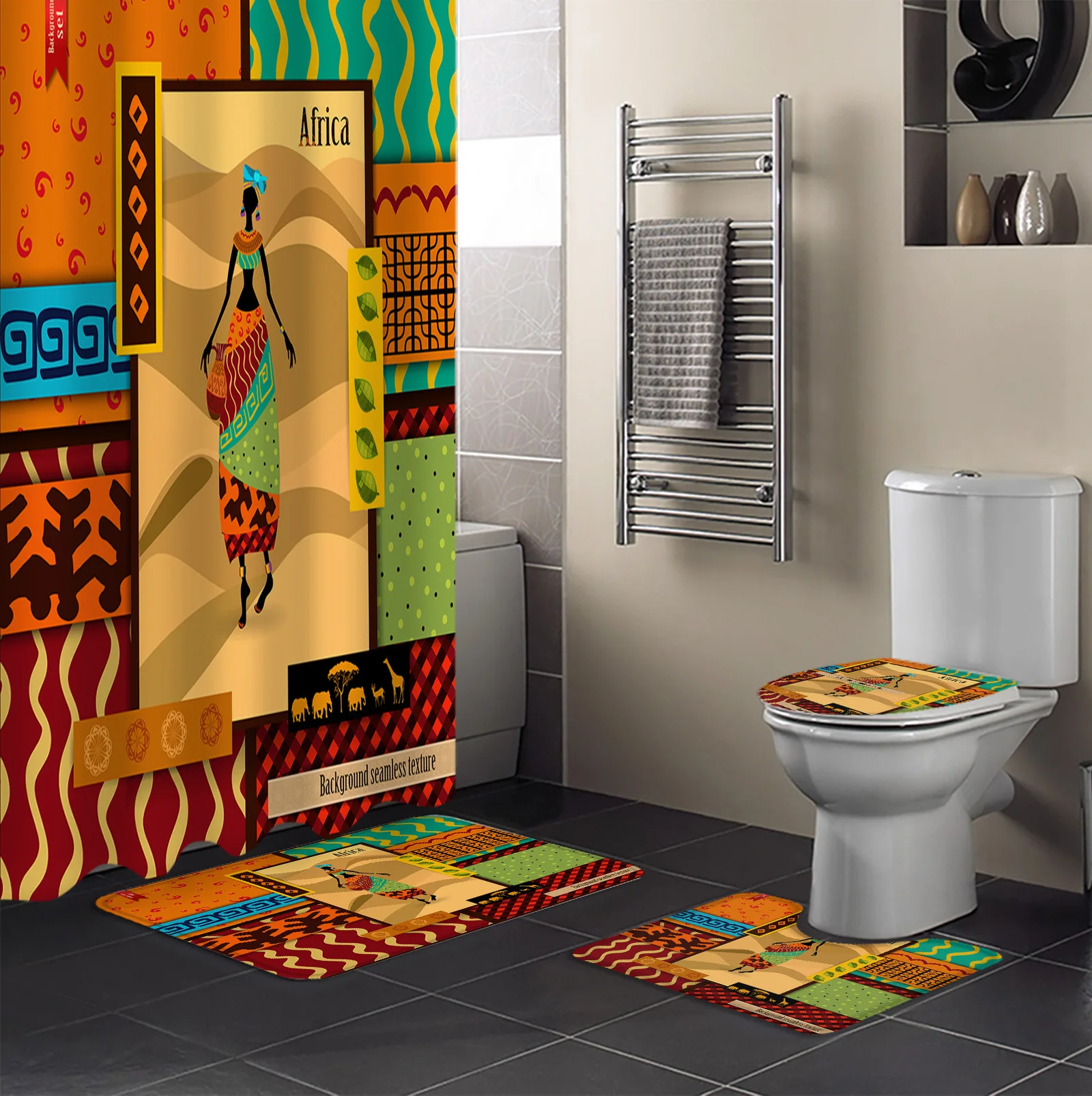 African Girl Shower Curtain Sets Non-Slip Rugs Toilet Lid Cover and Bath Mat Bathroom Curtains Set |