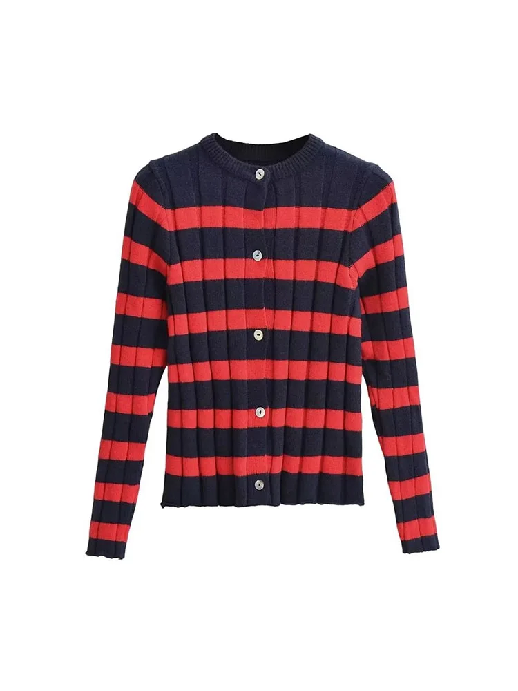 

PB&ZA2022 autumn and winter new women's fashion round neck chic buttons decorated texture of the striped knitwear