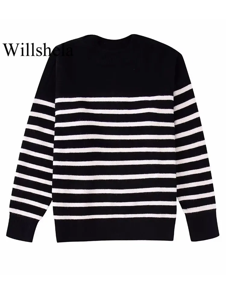 

Willshela женский модный полосатый вязаный пуловер, свитер в винтажном стиле с круглым вырезом и длинными рукавами, женские шикарные топы