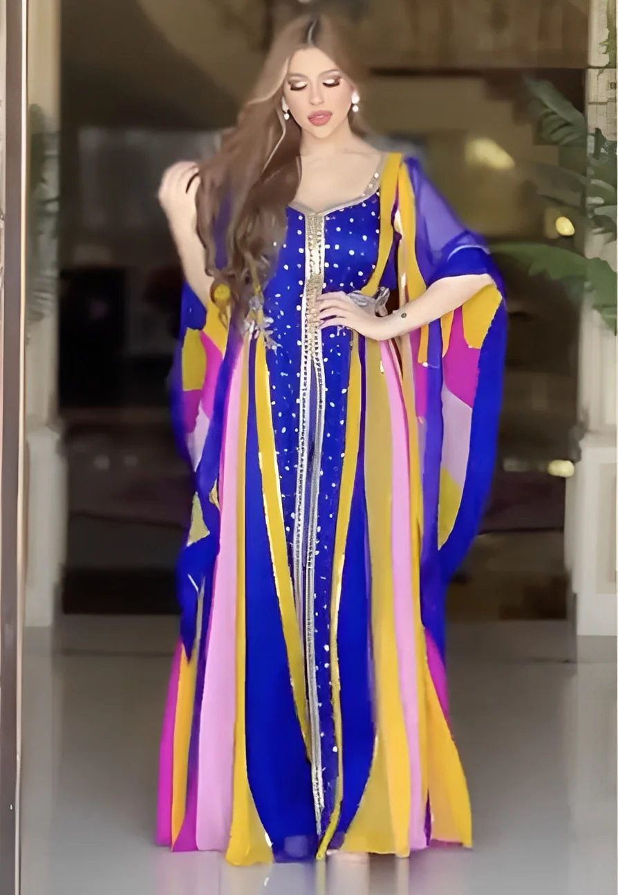 Whole Season Fashion Women Muslin Dress Long Sleeve Printing Patchwork Loose Round Neck Elegant Chic Mid-east Lady Muslim Dress